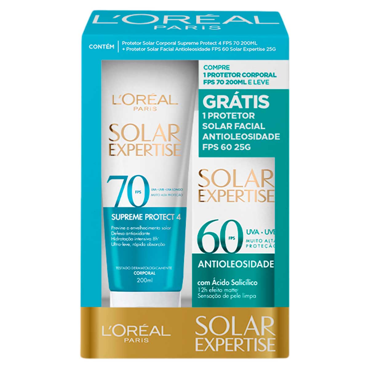 Protetor Solar Corporal Loreal Paris Solar Expertise Supreme Protect 4 FPS 70 200ml e Protetor Solar Facial Antioleosidade FPS 60 25g
