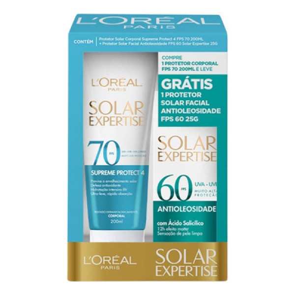 Encontraproduto.com.br - Protetor Solar Corporal Loreal Paris Solar Expertise Supreme Protect 4 FPS 70 200ml e Protetor Solar Facial Antioleosidade FPS 60 25g