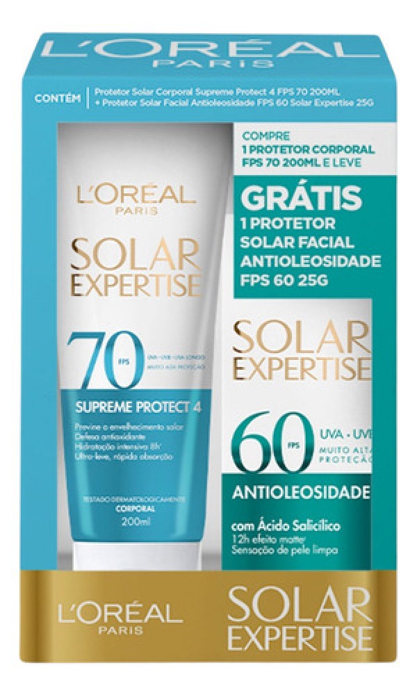 Encontraproduto.com.br - Protetor Solar Corporal Loreal Paris Solar Expertise Supreme Protect 4 FPS 70 200ml e Protetor Solar Facial Antioleosidade FPS 60 25g