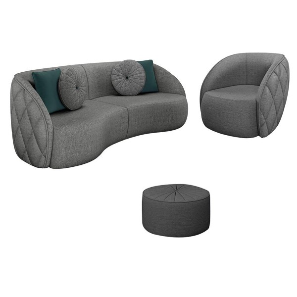 Conjunto Decorativo Sofá 240cm e Poltrona Clarke com Puff Round Linho Chumbo G45 - Gran Belo