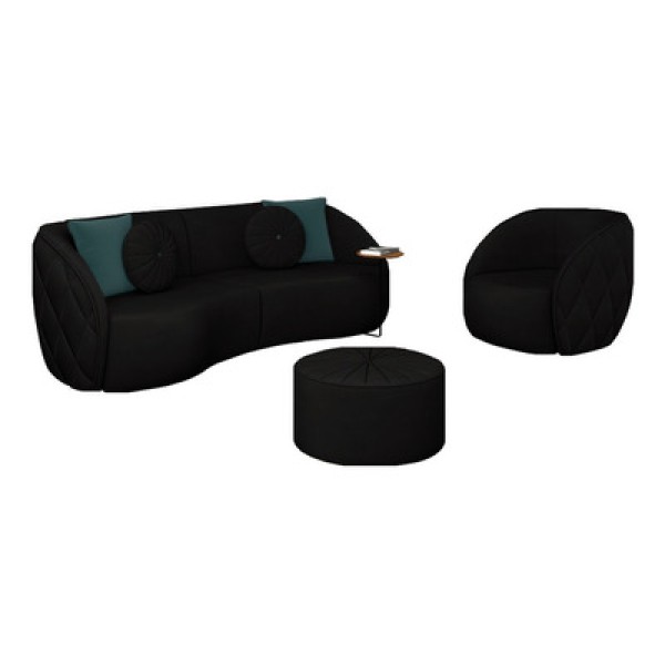 Encontraproduto.com.br - Conjunto Decorativo Sofá 240cm e Poltrona Clarke com Puff Round Linho Chumbo G45 - Gran Belo
