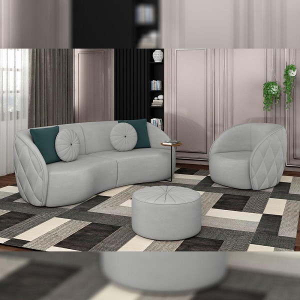 Encontraproduto.com.br - Conjunto Decorativo Sofá 288cm e Poltrona Clarke com Puff Round Veludo Cinza Claro - Gran Belo