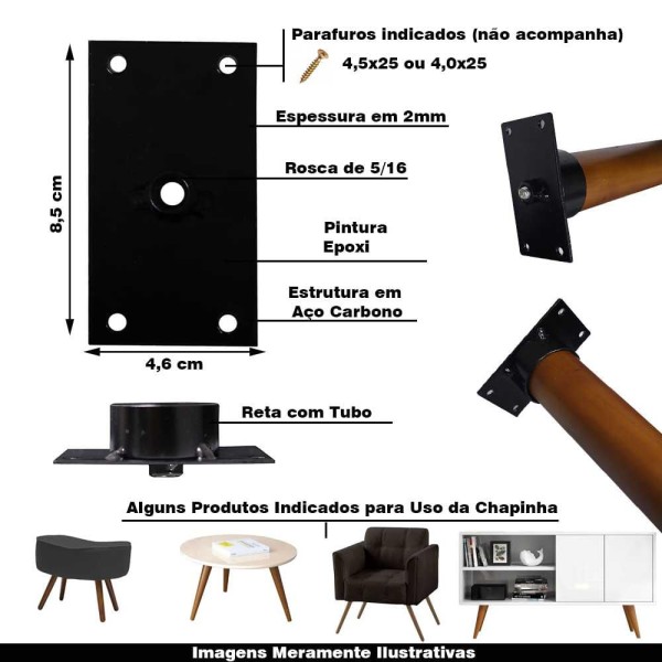 Encontraproduto.com.br - Kit 6 Chapinhas Reta Com Tubo Fixação Pés Palito Rosca