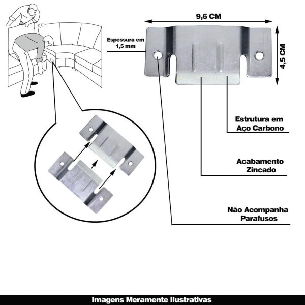 Encontraproduto.com.br - 11 Pares de Conector de Encaixe para Móveis Sofá Cabeceira Painel Zincado G59