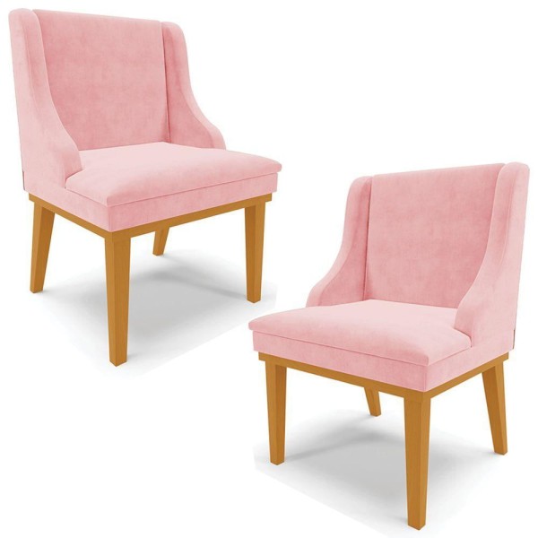 Kit 2 Poltronas Decorativas Base Fixa de Madeira Firenze Suede Rosa Bebê/Castanho G19 - Gran Belo