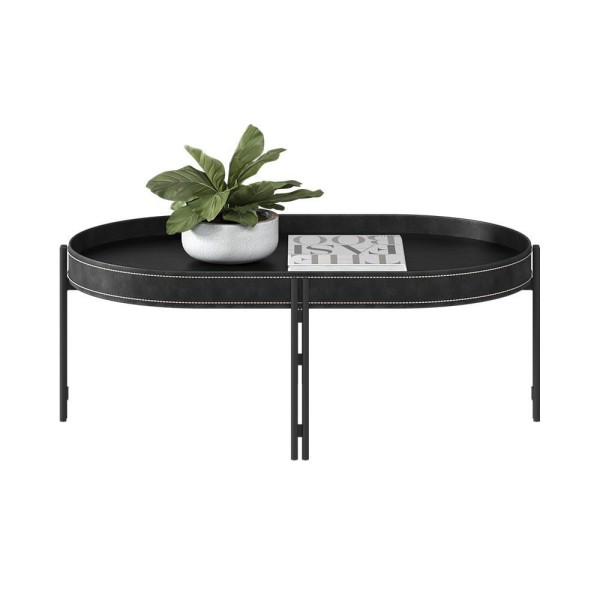 Encontraproduto.com.br - Conjunto Aparador Mesa de Centro e Canto Grimaldi Base em Aço e Detalhe em Couro Preto G77 - Gran Belo