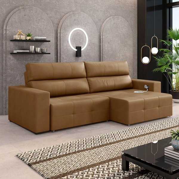 Encontraproduto.com.br - Sofá Retrátil 4 Lugares 284cm 2 Módulos Nero com USB Couro Caramelo G52 - Gran Belo