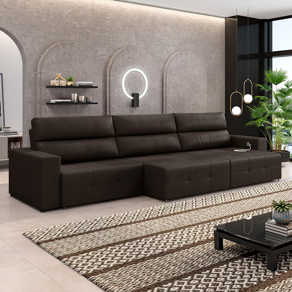 Encontraproduto.com.br - Sofá Retrátil 5 Lugares 374cm 3 Módulos Nero com USB Couro Marrom G52 - Gran Belo