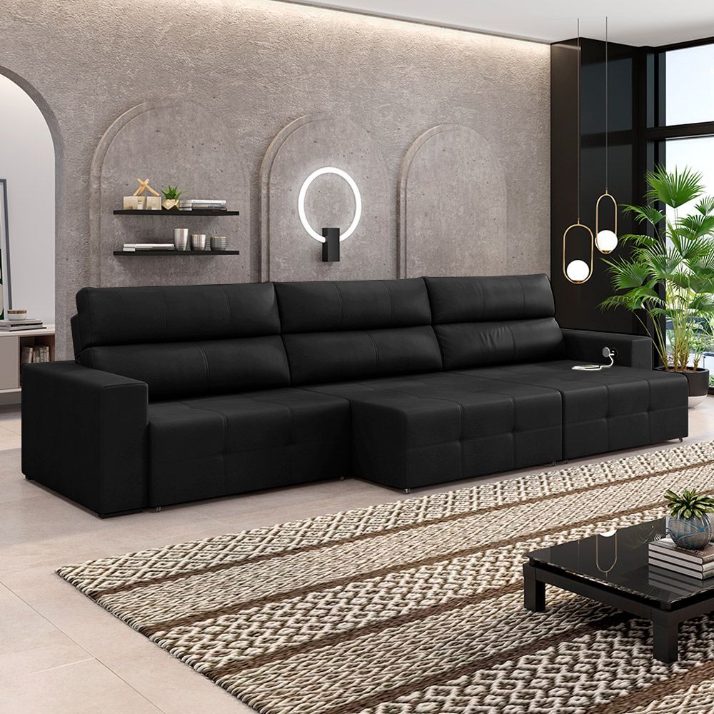 Encontraproduto.com.br - Sofá Retrátil 5 Lugares 374cm 3 Módulos Nero com USB Couro Preto G52 - Gran Belo