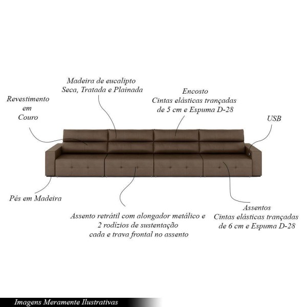 Encontraproduto.com.br - Sofá Retrátil 8 Lugares 484cm 4 Módulos Nero com USB Couro Cappuccino G52 - Gran Belo