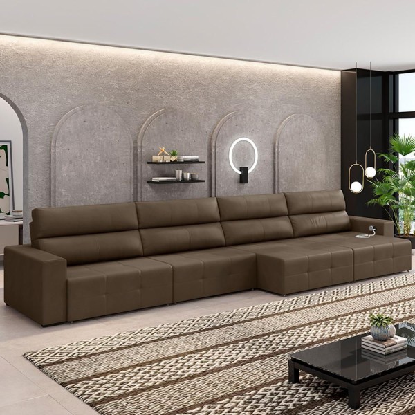 Encontraproduto.com.br - Sofá Retrátil 8 Lugares 484cm 4 Módulos Nero com USB Couro Cappuccino G52 - Gran Belo