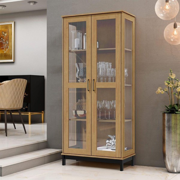 Cristaleira Decorativa Dawn Sala De Estar 02 Portas Madeira G74 Carvalho/Preto - Gran Belo