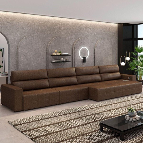 Encontraproduto.com.br - Sofá Retrátil 8 Lugares 524cm 4 Módulos Nero com USB Couro Manchado G52 - Gran Belo