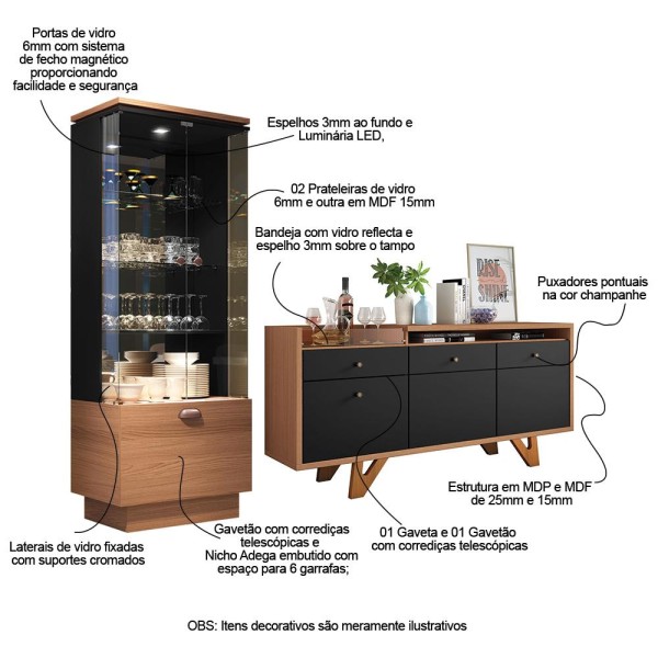 Encontraproduto.com.br - Conjunto Cristaleira e Buffet Aparador Decorativo Peggy/Noeli Preto/Nature G26 - Gran Belo