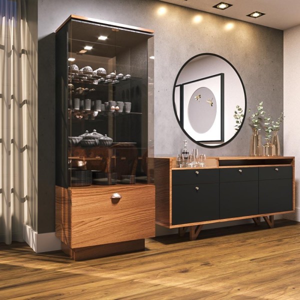 Encontraproduto.com.br - Conjunto Cristaleira e Buffet Aparador Decorativo Peggy/Noeli Preto/Nature G26 - Gran Belo