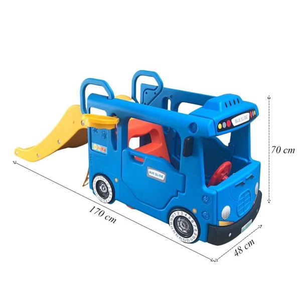 Encontraproduto.com.br - Carrinho Playground de Ônibus 3 em 1 com Cesta de Basquete e Kit de Golf Azul/Amarelo G31 - Encantum