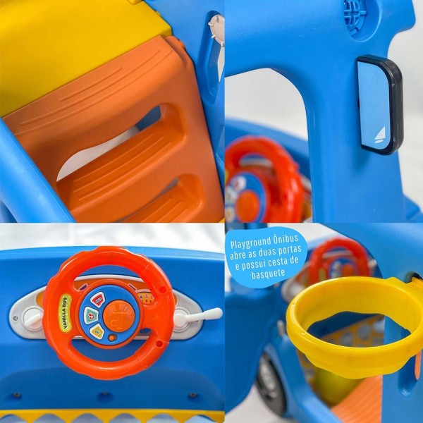 Encontraproduto.com.br - Carrinho Playground de Ônibus 3 em 1 com Cesta de Basquete e Kit de Golf Azul/Amarelo G31 - Encantum