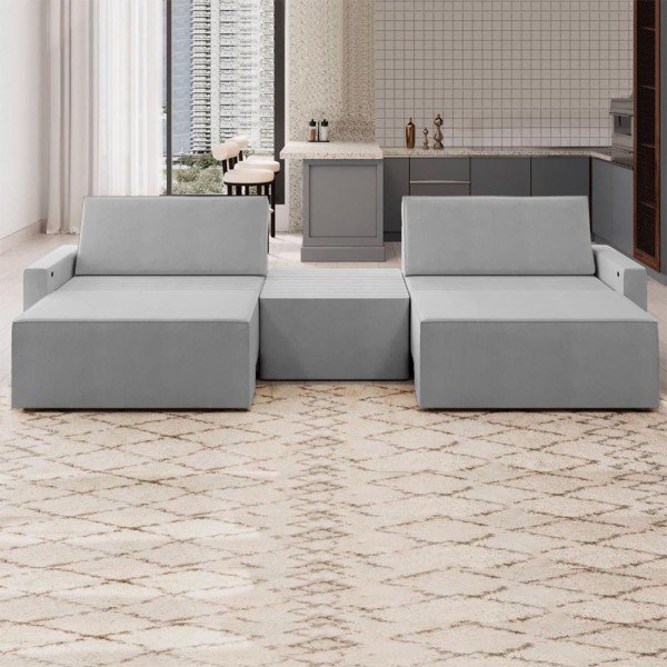 Sofá Retrátil Embutido Modulado com Puff 3 Lugares Xerxes 229cm Veludo Cinza Claro G33 - Gran Belo