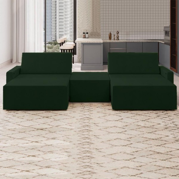 Encontraproduto.com.br - Sofá Retrátil Embutido Modulado com Puff 3 Lugares Xerxes 249cm Veludo Verde G33 - Gran Belo