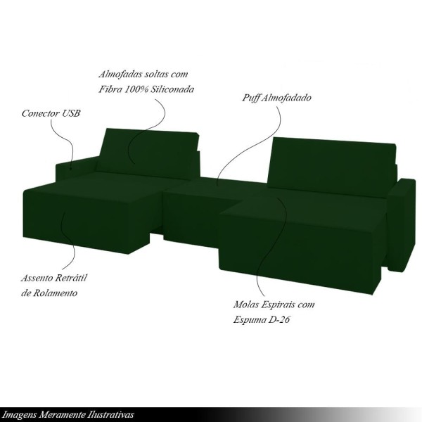Encontraproduto.com.br - Sofá Retrátil Embutido Modulado com Puff 3 Lugares Xerxes 249cm Veludo Verde G33 - Gran Belo