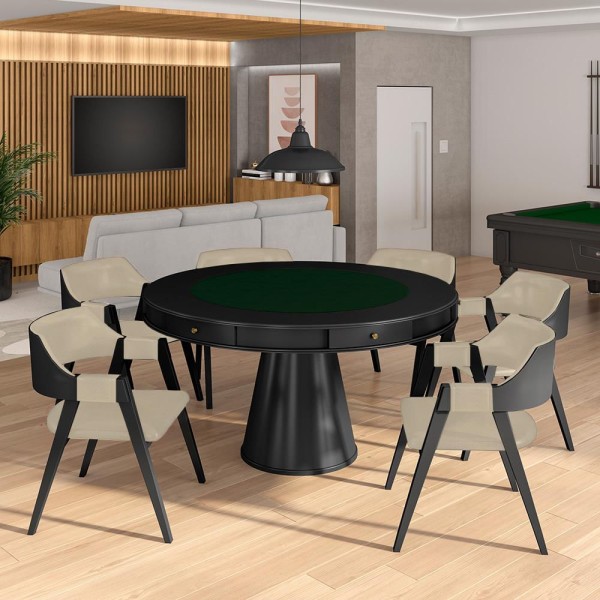 Encontraproduto.com.br - Conjunto Mesa de Jogos Carteado Bellagio Tampo Reversível e 6 Cadeiras Madeira Poker Base Cone PU Bege/Preto G42 - Gran Belo