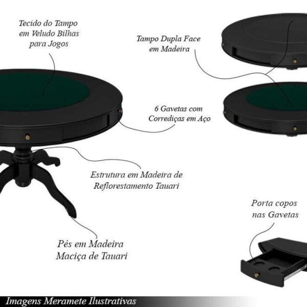 Encontraproduto.com.br - Conjunto Mesa de Jogos Carteado Bellagio Tampo Reversível e 6 Cadeiras Madeira Poker Base Estrela PU Bege/Preto G42 - Gran Belo