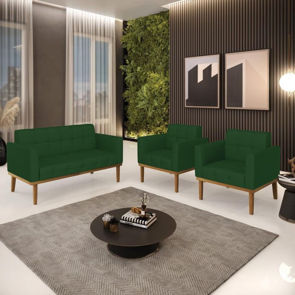 Conjunto 2 Poltronas e 1 Namoradeira Decorativa Karen Pés Fixo em Madeira Castanho Veludo Luxo Verde Esmeralda G19 - Gran Belo
