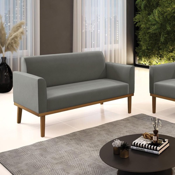 Poltrona Namoradeira Decorativa Pés Fixo Em Madeira Castanho Suede Grafite