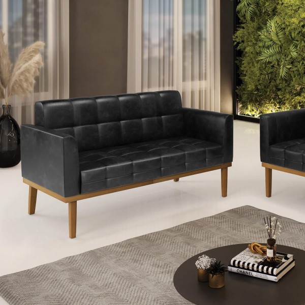 Poltrona Namoradeira Decorativa Pés Fixo Em Madeira Castanho Pu Preto Brilho