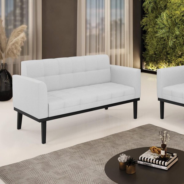Poltrona Namoradeira Decorativa Pés Fixo Em Madeira Preto Linho Cinza