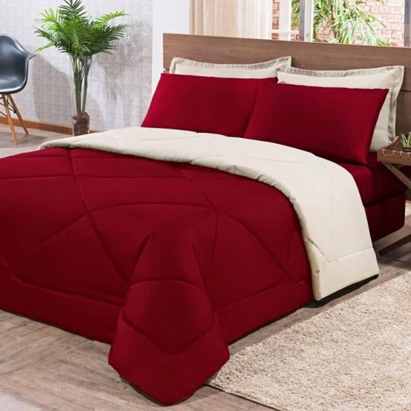 Encontraproduto.com.br - Kit Edredom Jogo De Lençol King 06 Peças Vermelho E Palha