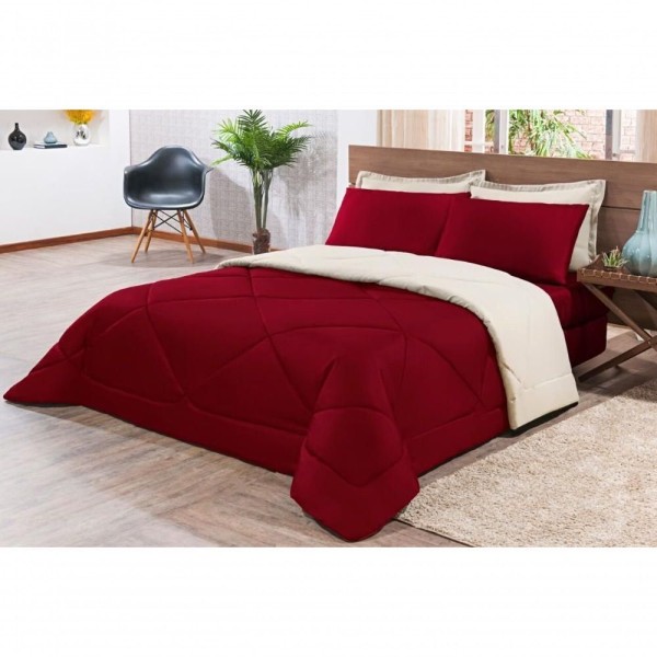 Encontraproduto.com.br - Kit Edredom Jogo De Lençol King 06 Peças Vermelho E Palha