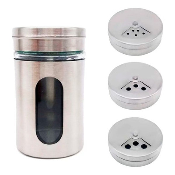 Encontraproduto.com.br - Porta Condimentos Saleiro Inox E Vidro Com Visor Médio