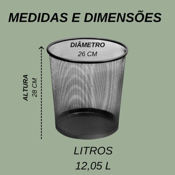 Encontraproduto.com.br - Lixeira Telada De Metal 12,5 Litros Preta Cesto Escritorio Reuniões, Quarto, Home Office