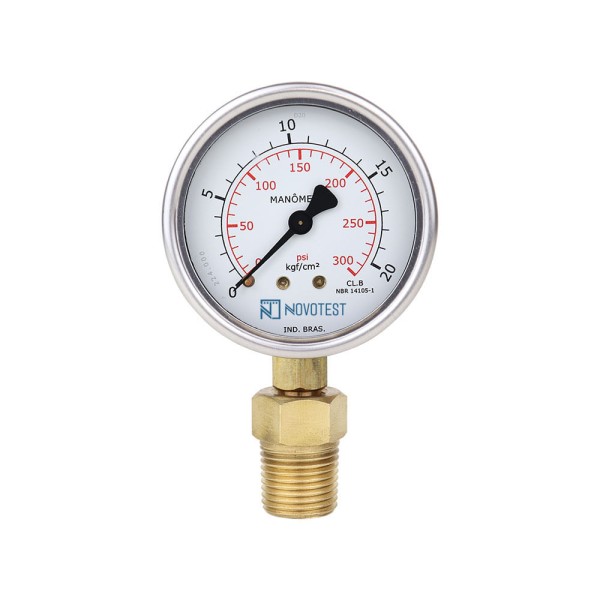 Encontraproduto.com.br - Manômetro caixa de aço carbono interno de latão glicerinado Classe B 0-20 kgf/cm² = 300 psi 1/4 adaptador 1/2 NPT reto Novotest.br 72449