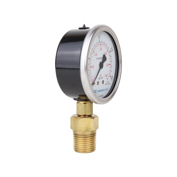 Encontraproduto.com.br - Manômetro caixa de aço carbono interno de latão glicerinado Classe B 0-20 kgf/cm² = 300 psi 1/4 adaptador 1/2 NPT reto Novotest.br 72449