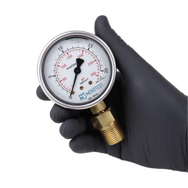 Encontraproduto.com.br - Manômetro caixa de aço carbono interno de latão glicerinado Classe B 0-20 kgf/cm² = 300 psi 1/4 adaptador 1/2 NPT reto Novotest.br 72449