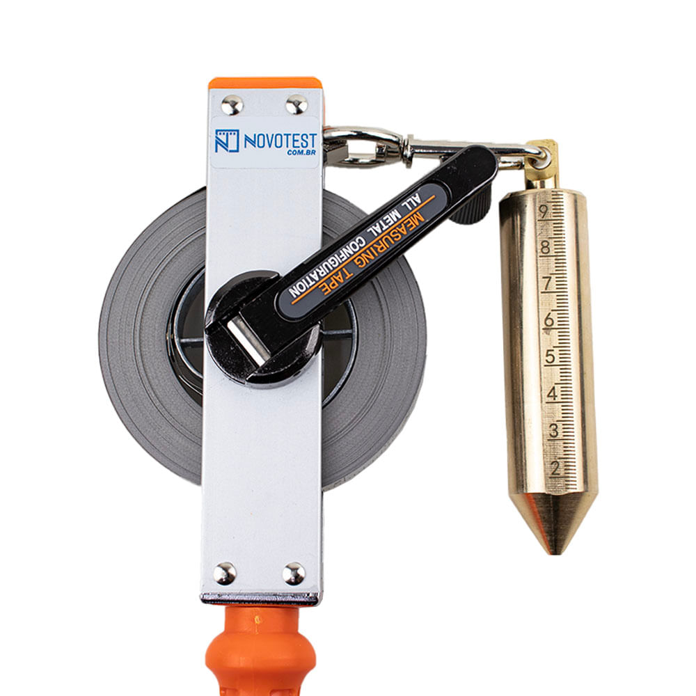 Encontraproduto.com.br - Trena de profundidade para tanque fita em aço inoxidável 30m prumo latão graduado e cabo de aterramento a prova de explosão Novotest.br LOMT-GJ11-30M