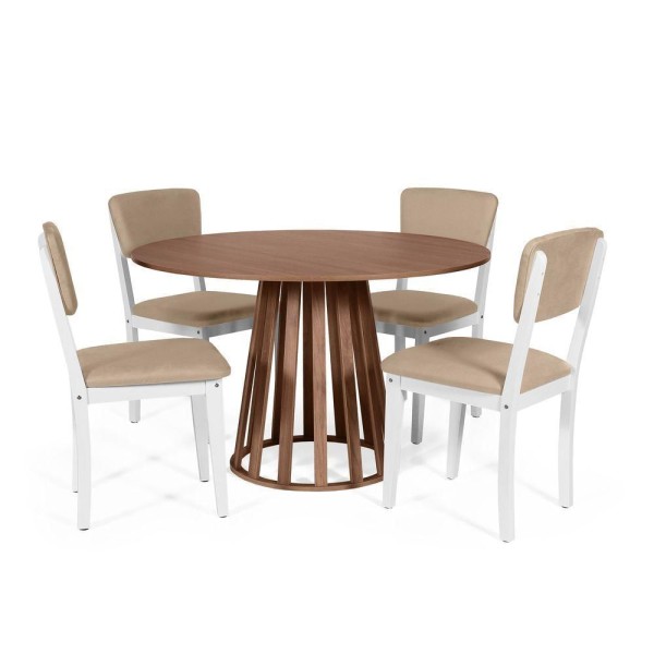 Mesa De Jantar Redonda Gabi Noronha Com 4 Cadeiras Estofadas Ella Branco/bege
