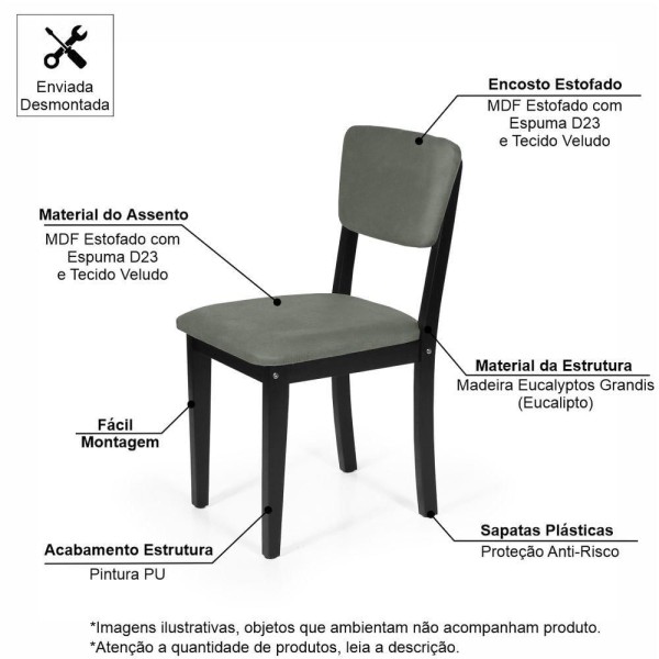 Encontraproduto.com.br - Mesa De Jantar Redonda Gabi Noronha Com 4 Cadeiras Estofadas Ella Preto/cinza