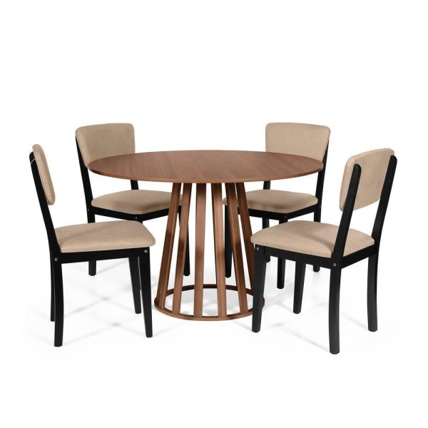 Encontraproduto.com.br - Mesa De Jantar Redonda Gabi Noronha Com 4 Cadeiras Estofadas Ella Preto/bege