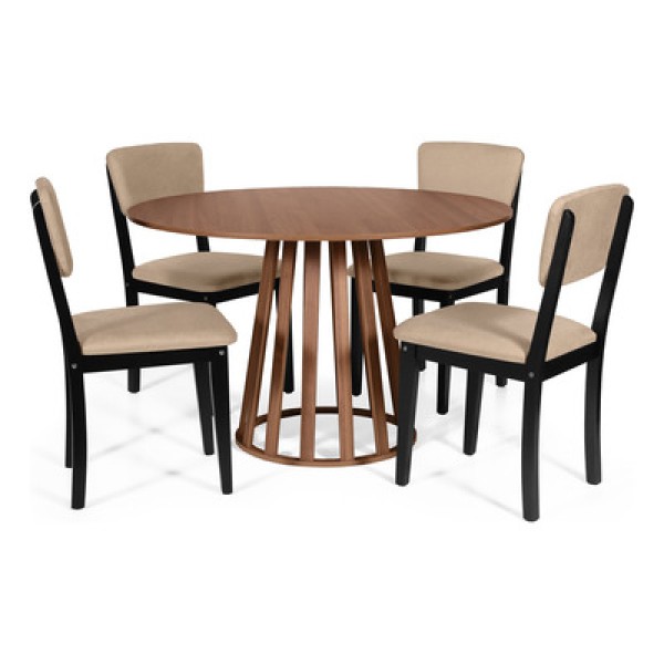 Encontraproduto.com.br - Mesa De Jantar Redonda Gabi Noronha Com 4 Cadeiras Estofadas Ella Preto/bege