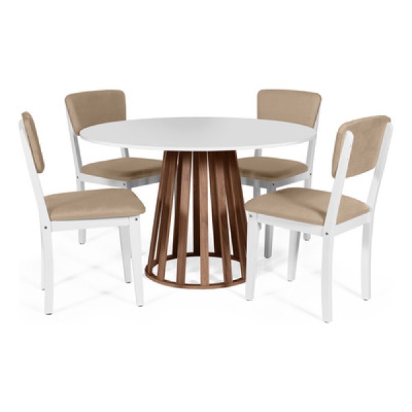 Encontraproduto.com.br - Mesa De Jantar Redonda Gabi Bran/nor Com 4 Cadeiras Estofadas Ella Branco/marrom Claro