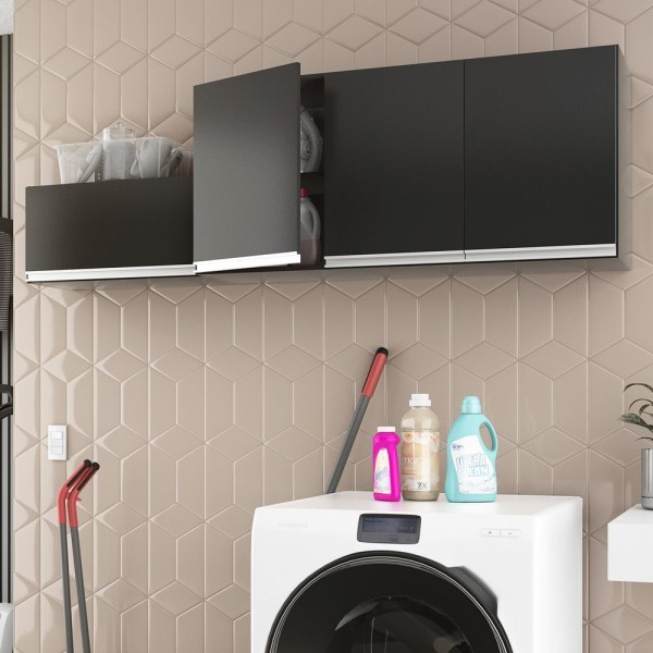 Encontraproduto.com.br - Kit área De Serviço E Lavanderia Com 02 Armários Aéreo 120cm E 80cm 100% Mdf Preto - Abmaza