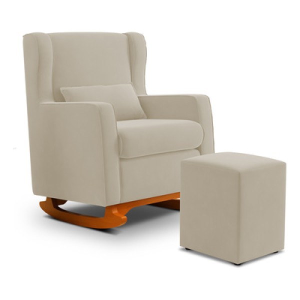 Poltrona De Amamentação E Descanso Zoe Com Base Balanço E Puff Sintético Bege - Desk Design