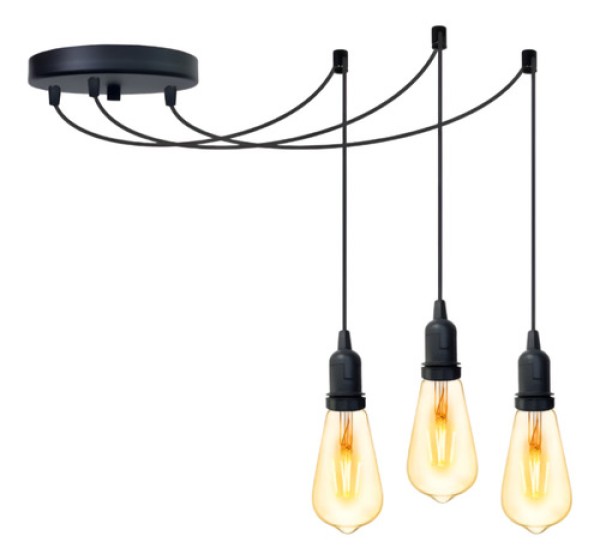 Encontraproduto.com.br - Lustre Aranha Com 3 Pendentes (2m Cabo Preto + Soquetes + Canopla)