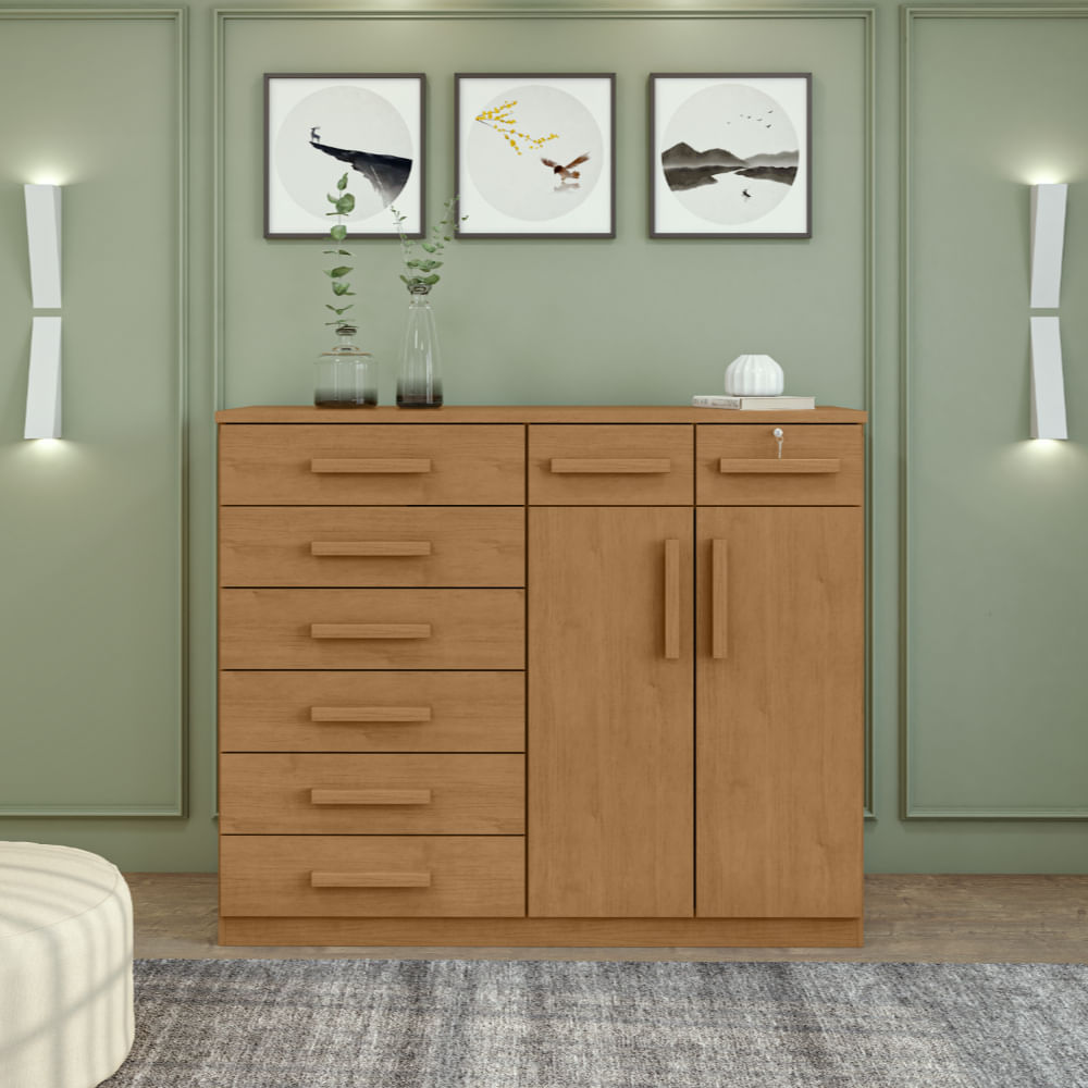 Cômoda Com 8 Gavetas E 2 Portas Estrutura Mdf/mdp Toronto Lopas Amendoa Clean