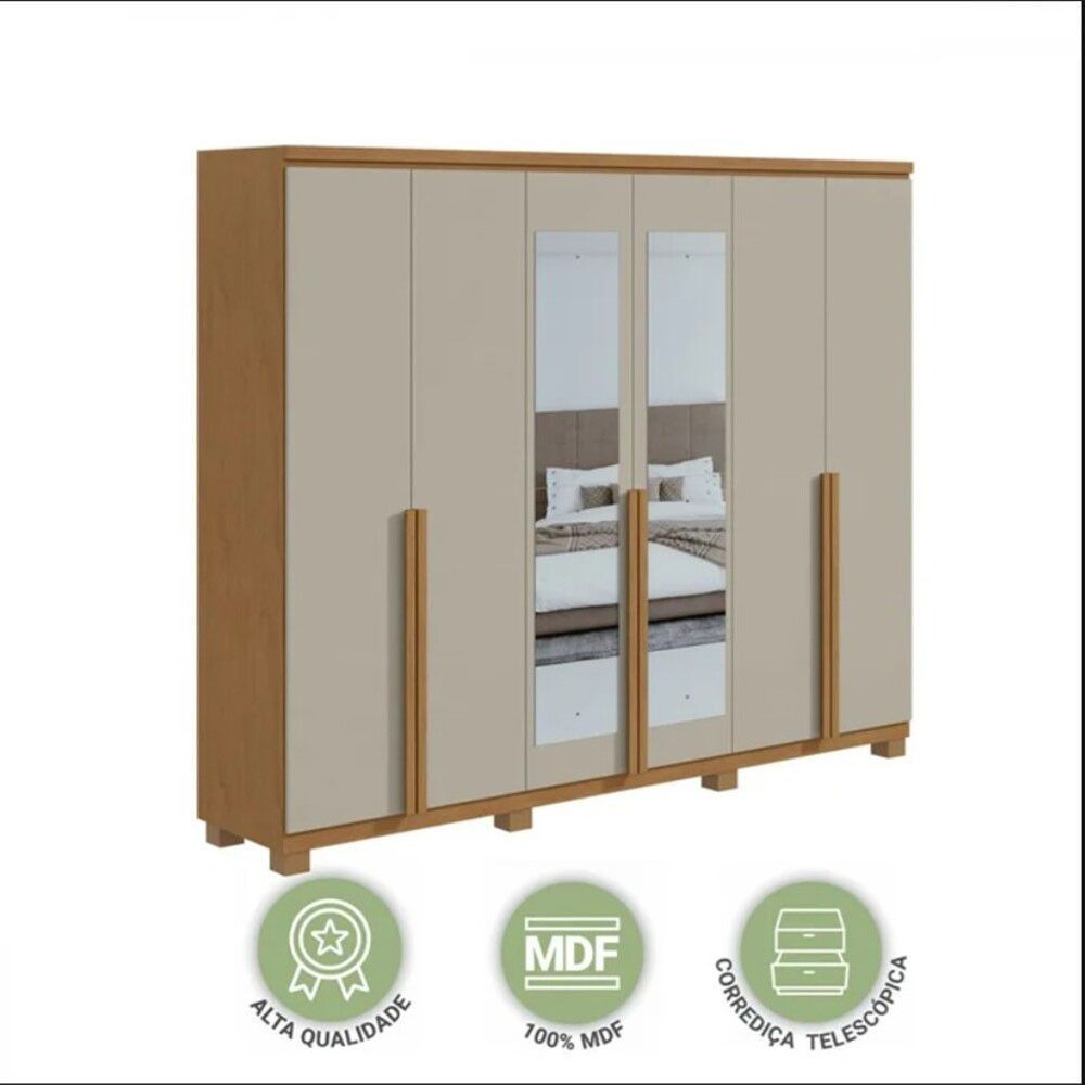 Encontraproduto.com.br - Guarda-Roupa Casal Alonzo 6 Portas 4 Gavetas Com Espelho Amêndoa Clean/Off White