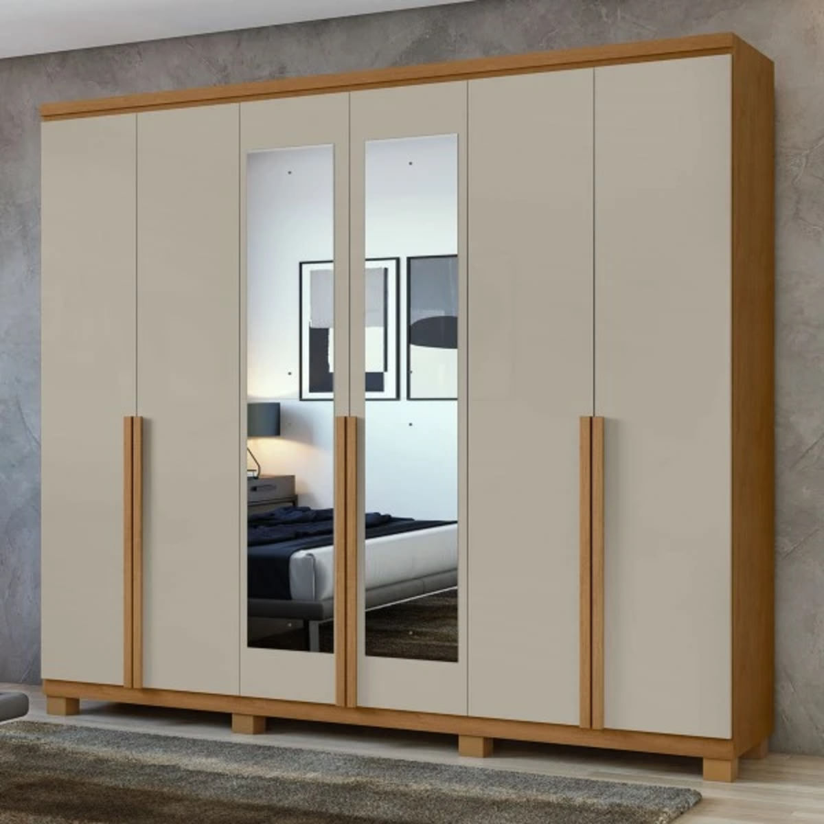 Encontraproduto.com.br - Guarda-Roupa Casal Alonzo 6 Portas 4 Gavetas Com Espelho Amêndoa Clean/Off White