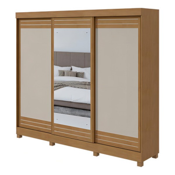Guarda Roupa Lopas Nice 3 Portas Bicolor com Espelho e Pés - Amêndoa/Off White